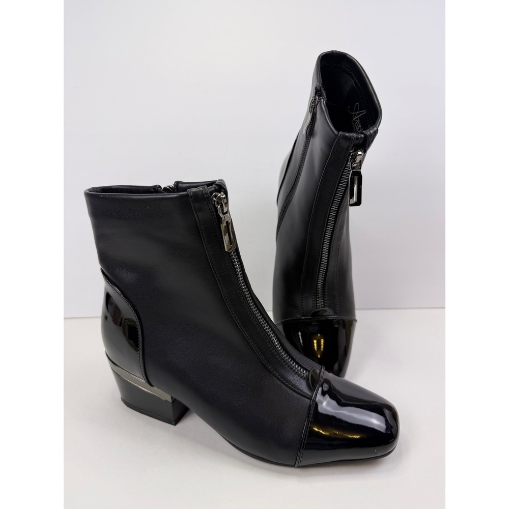 Azura European Luxury Black Leather Patent Cap Toe Front Zip Ankle Boots Size 38
